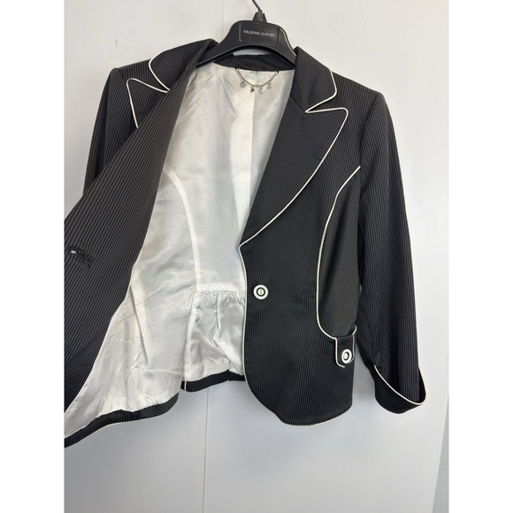 Y2K Vintage BEBE Skirt Suit Black Pinstripe Womens 10 White Piping Lined Blazer - Picture 10 of 16